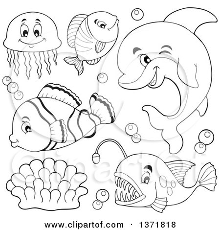 Clipart of a Cute Black and White Dolphin and Fish - Royalty Free Vector Illustration by visekart