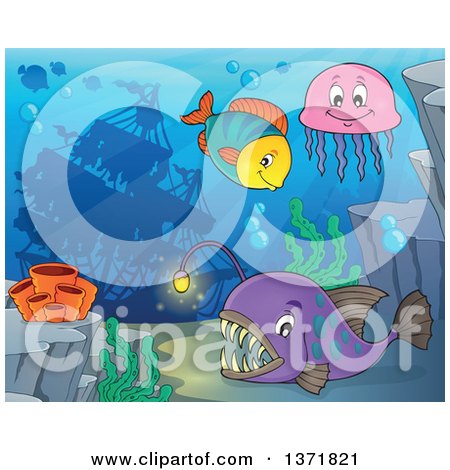 Clipart of a Sunken Ship and Fish - Royalty Free Vector Illustration by visekart