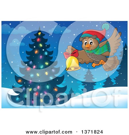 Clipart of a Cartoon Owl Wearing a Winter Scarf and Hat, Flying and Ringing a Bell over a Christmas Tree - Royalty Free Vector Illustration by visekart