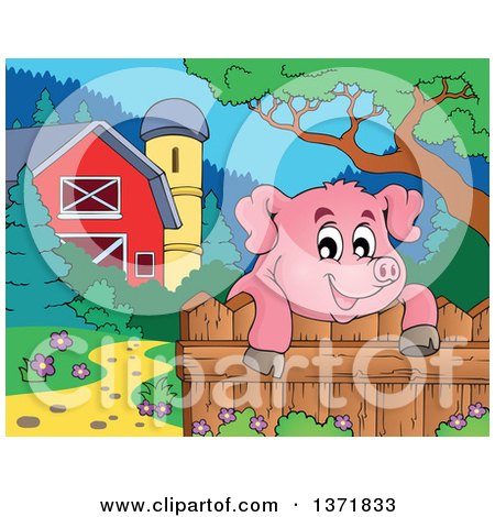 Clipart of a Happy Pig over a Fence, near a Barn and Silo - Royalty Free Vector Illustration by visekart