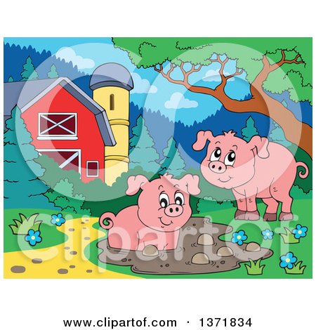 Clipart of Happy Pigs Playing at a Mud Puddle, near a Barn and Silo - Royalty Free Vector Illustration by visekart