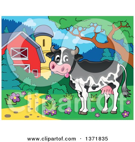 Clipart of a Happy Dairy Cow near a Barn and Silo - Royalty Free Vector Illustration by visekart