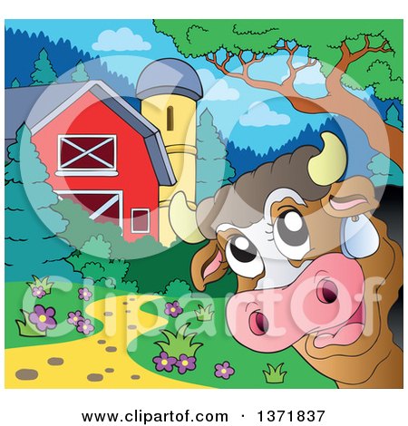 Clipart of a Happy Dairy Cow Peeking Around a Corner near a Barn and Silo - Royalty Free Vector Illustration by visekart