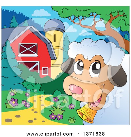 Clipart of a Happy Sheep Peeking Around a Corner near a Barn and Silo - Royalty Free Vector Illustration by visekart
