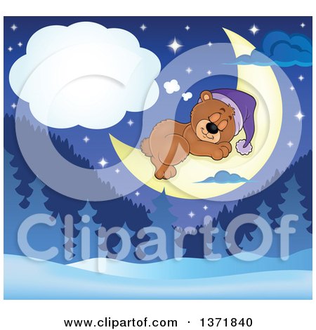 Clipart of a Cute Brown Bear Dreaming on a Crescent Moon over a Winter Landscape - Royalty Free Vector Illustration by visekart