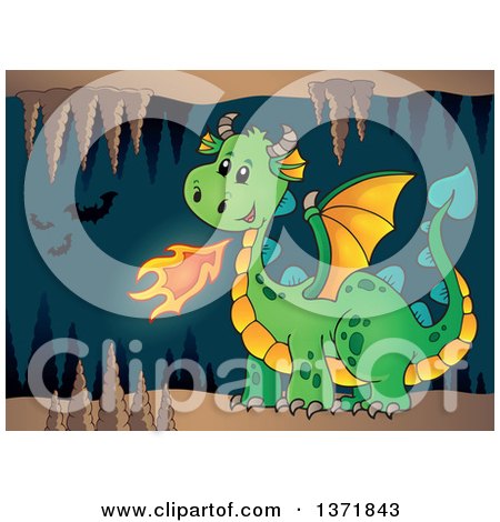 Clipart of a Cartoon Green Fire Breathing Dragon in a Cave with Bats - Royalty Free Vector Illustration by visekart