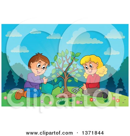 Clipart of a Caucasian Boy and Girl Planting a Tree Together on a Hill - Royalty Free Vector Illustration by visekart