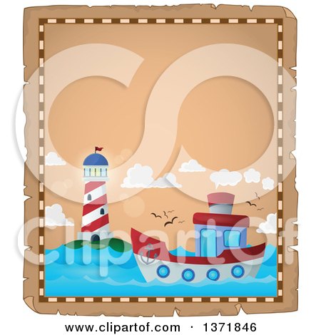 Clipart of a Boat and Lighthouse Parchment Page - Royalty Free Vector Illustration by visekart