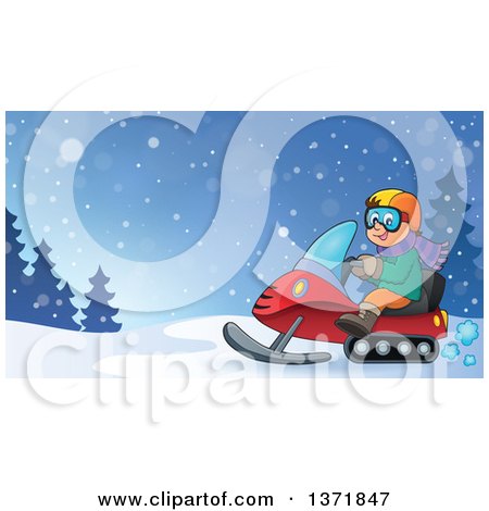 Clipart of a Cartoon Happy White Man Driving a Snowmobile in the Winter - Royalty Free Vector Illustration by visekart