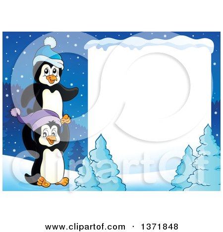 Clipart of a Blank White Sign Bordered with Cute Penguins and Snow - Royalty Free Vector Illustration by visekart