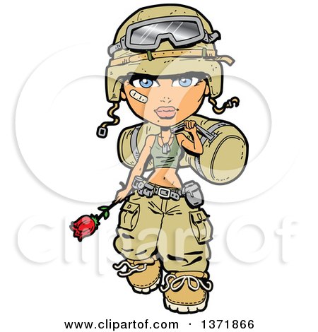 Clipart Of A Female Army Soldier Walking With a Bag, Rose and Bandage on Her Cheek - Royalty Free Vector Illustration by Clip Art Mascots