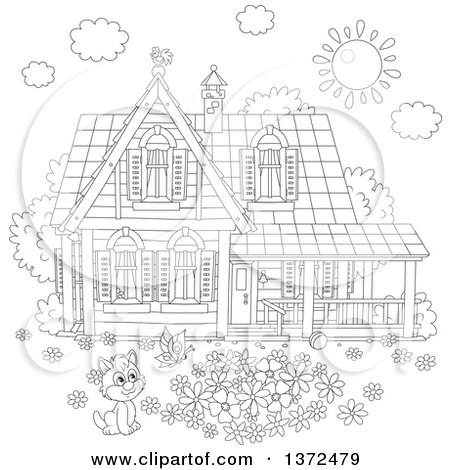 Clipart of a Black and White Scene of a Kitten Watching a Butterfly in a Flower Garden in the Yard of a Home, with a Shining Sun and Rooster on the Roof - Royalty Free Vector Illustration by Alex Bannykh