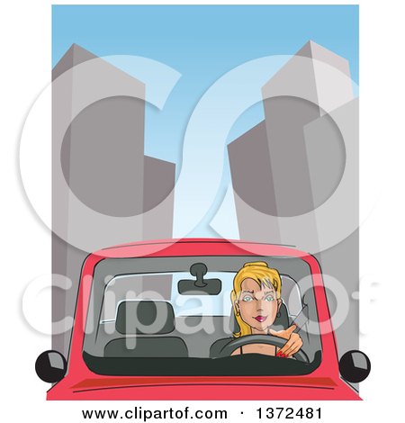 Clipart of a Blond Caucasian Woman Driving in a City - Royalty Free Vector Illustration by David Rey