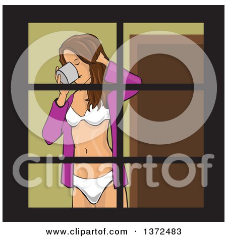 Clipart of a Brunette Woman in Her Underware, Drinking and Being Seen Through Her Window - Royalty Free Vector Illustration by David Rey