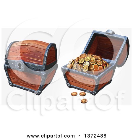 Clipart of Closed and Open Treasure Chests with Gold Coins, on an Off White Background - Royalty Free Illustration by Tonis Pan
