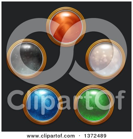 Clipart of Round Magical Icon Buttons on Black - Royalty Free Illustration by Tonis Pan