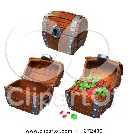 Clipart of Closed and Open Treasure Chests with Gems, on a White Background - Royalty Free Illustration by Tonis Pan