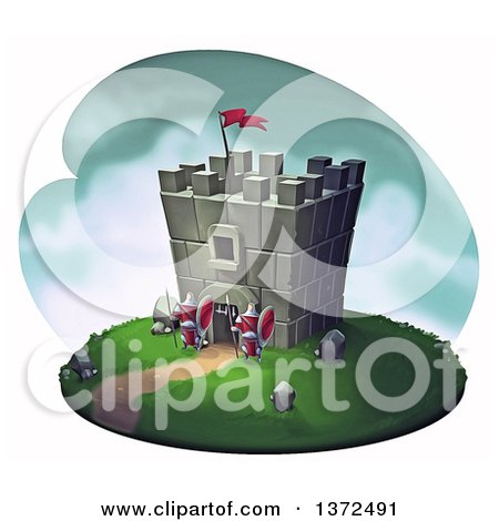 Clipart of a Medieval Castle Stronghold Tower with Guards, on a White Background - Royalty Free Illustration by Tonis Pan