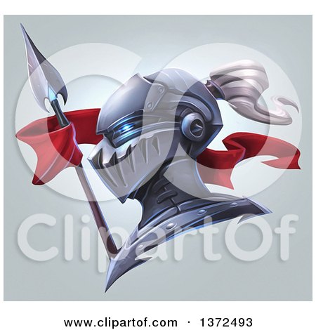 Clipart of a Knight Helmet with Glowing Eye Sockets, a Spear and Banner, over Gradient - Royalty Free Illustration by Tonis Pan