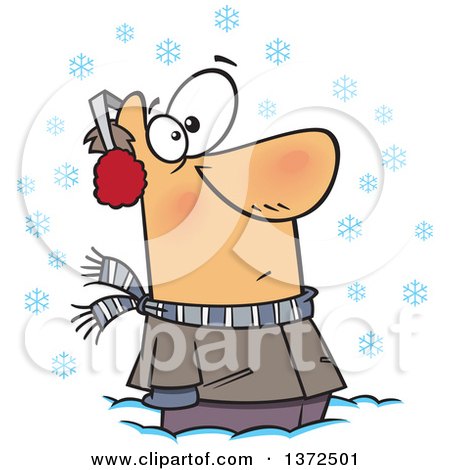 Cartoon Clipart of a White Man Stuck in Snow, Watching Snowflakes Fall down - Royalty Free Vector Illustration by toonaday