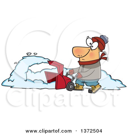 Cartoon Clipart of a White Man Operating a Snow Blower on a Winter Day - Royalty Free Vector Illustration by toonaday