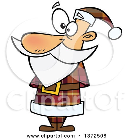 Cartoon Clipart of a Christmas Santa Claus in a Brown Plaid Suit - Royalty Free Vector Illustration by toonaday