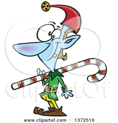 Cartoon Clipart of a Blue Christmas Elf Carrying a Cane over His Shoulder - Royalty Free Vector Illustration by toonaday
