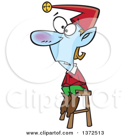 Cartoon Clipart of a Naughty Blue Christmas Elf Sitting on a Stool - Royalty Free Vector Illustration by toonaday