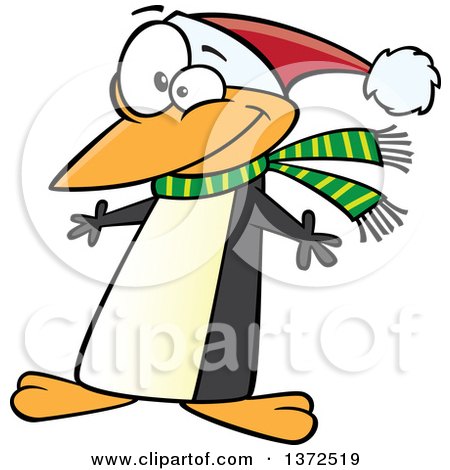 Cartoon Clipart of a Christmas Penguin Wearing a Scarf and Santa Hat - Royalty Free Vector Illustration by toonaday