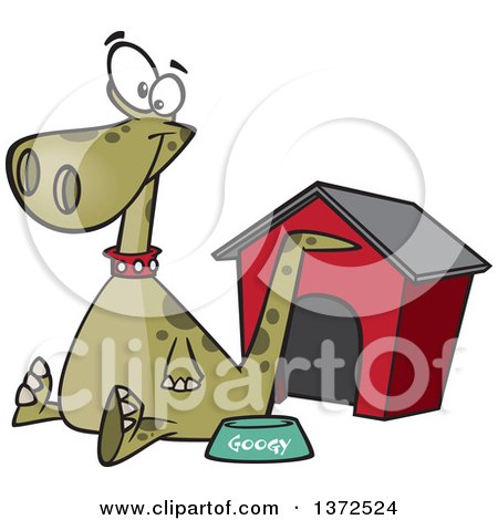 Cartoon Clipart of a Happy Green Pet Dinosaur Sitting by a Food Bowl and House - Royalty Free Vector Illustration by toonaday