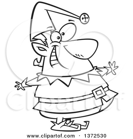 Cartoon Clipart of a Black and White Happy Fat Christmas Elf - Royalty Free Vector Illustration by toonaday