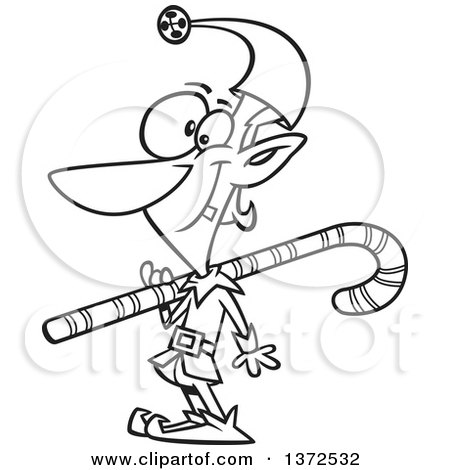 Cartoon Clipart of a Black and White Christmas Elf Carrying a Cane over His Shoulder - Royalty Free Vector Illustration by toonaday