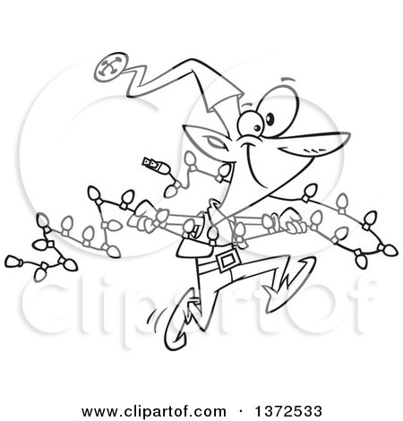 Cartoon Clipart of a Black and White Christmas Elf Running with a Strand of Lights - Royalty Free Vector Illustration by toonaday