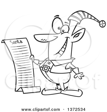 Cartoon Clipart of a Black and White Christmas Elf Reading Santas List - Royalty Free Vector Illustration by toonaday