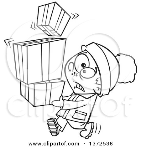 Cartoon Clipart of a Black and White Nervous Boy Carrying a Shaky Stack of Christmas Gifts - Royalty Free Vector Illustration by toonaday