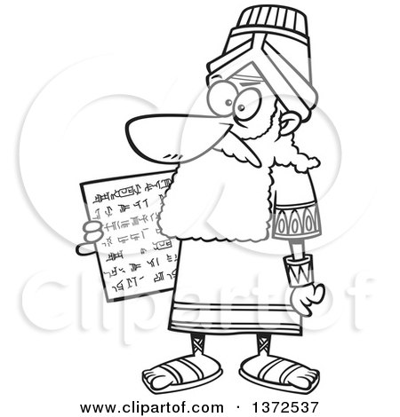 Cartoon Clipart of a Black and White Man, Hammurabi, Holding a Tablet of the Code of Hammurabi - Royalty Free Vector Illustration by toonaday