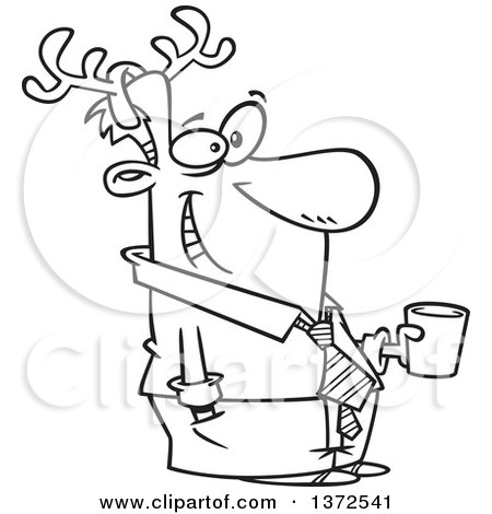 Cartoon Clipart of a Black and White Happy Festive Man Wearing Antlers and Holding a Drink at a Christmas Party - Royalty Free Vector Illustration by toonaday