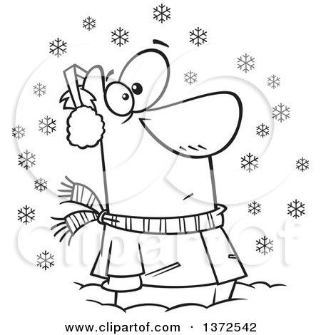 Cartoon Clipart of a Black and White Man Stuck in Snow, Watching Snowflakes Fall down - Royalty Free Vector Illustration by toonaday