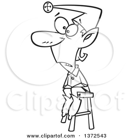 Cartoon Clipart of a Black and White Naughty Christmas Elf Sitting on a Stool - Royalty Free Vector Illustration by toonaday