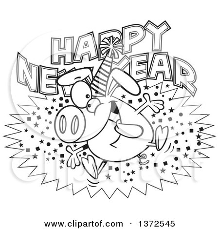 Cartoon Clipart of a Black and White Hyper Pig Wearing a Party Hat and Jumping over a Happy New Year Greeting - Royalty Free Vector Illustration by toonaday