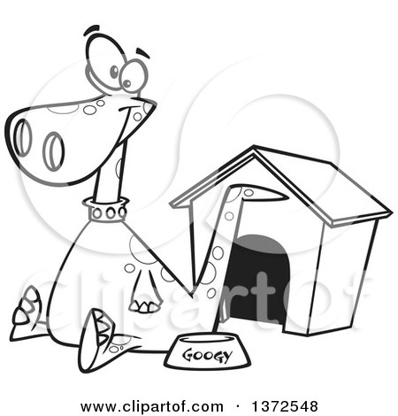 Cartoon Clipart of a Black and White Happy Pet Dinosaur Sitting by a Food Bowl and House - Royalty Free Vector Illustration by toonaday
