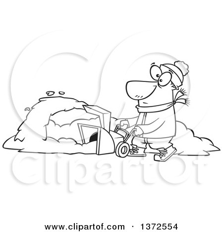 Cartoon Clipart of a Black and White Man Operating a Snow Blower on a Winter Day - Royalty Free Vector Illustration by toonaday