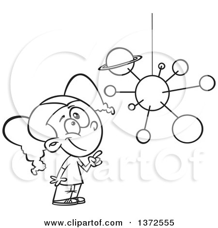 Cartoon Clipart of a Black and White Smart School Girl Looking up and Pointing at a Solar System Mobile - Royalty Free Vector Illustration by toonaday