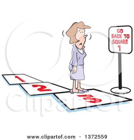 Clipart of a Cartoon Caucasian Business Woman on a Path, Facing a Go Back to Square 1 Sign - Royalty Free Vector Illustration by Johnny Sajem