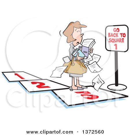Clipart of a Cartoon Caucasian Business Woman Carrying Paperwork on a Path, Facing a Go Back to Square 1 Sign - Royalty Free Vector Illustration by Johnny Sajem