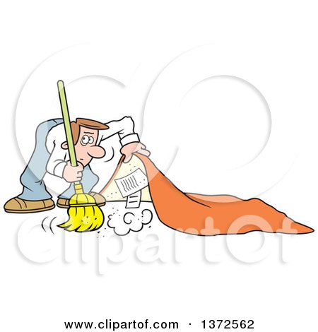 Clipart of a Cartoon Caucasian Business Man Sweeping Secrets Under the Rug - Royalty Free Vector Illustration by Johnny Sajem