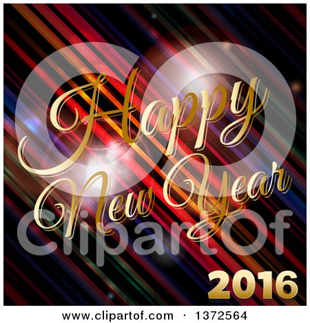 Clipart of a Gold Happy New Year 2016 Greeting over Diagonal Stripes and Flares - Royalty Free Vector Illustration by elaineitalia