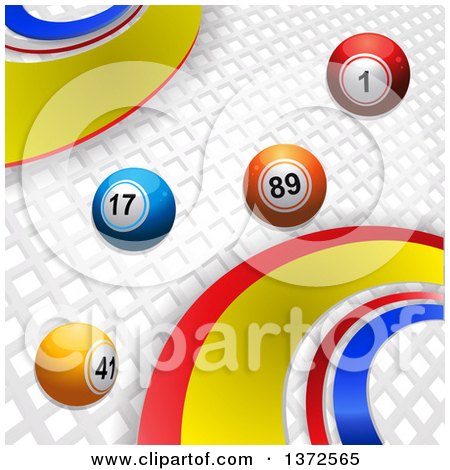 Clipart of 3d Bingo Balls Rolling over White Lattice, with Colorful Curves - Royalty Free Vector Illustration by elaineitalia