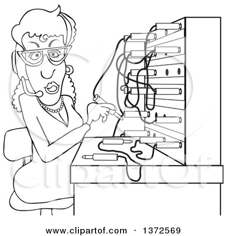 Clipart of a Cartoon Black and White Switchboard Operator at Work - Royalty Free Vector Illustration by djart