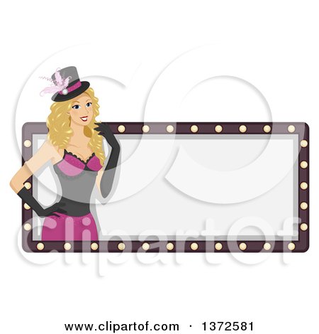 Clipart of a Blond White Burlesque Woman over a Blank Sign - Royalty Free Vector Illustration by BNP Design Studio